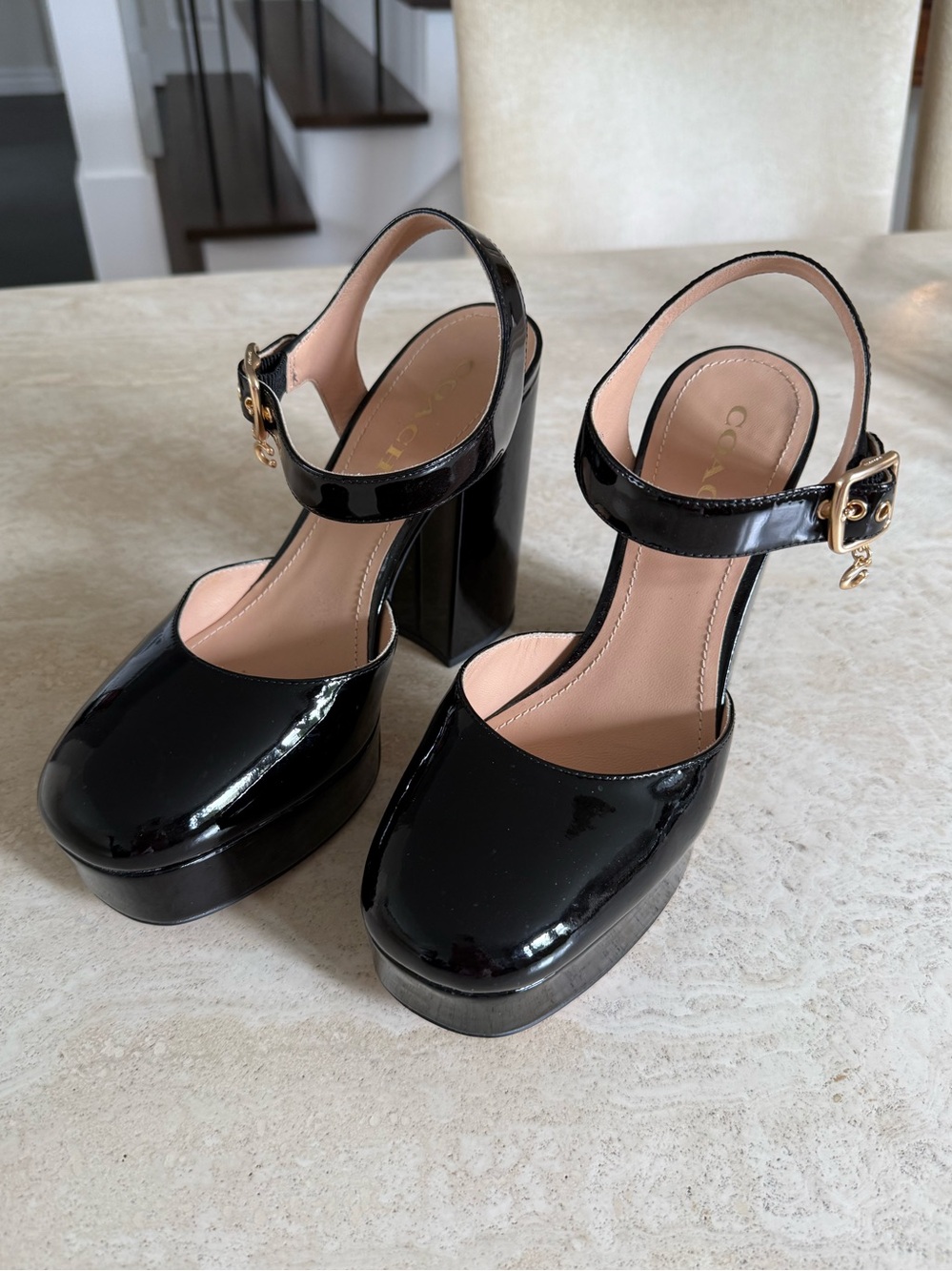 Coach Black Patent Platform Mary Jane Heels with Gold Buckle